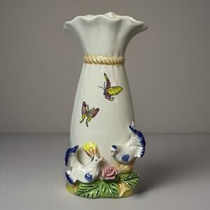 Vintage Ceramic Vase Butterflies White Doves Pink Rose‎ Floral Raised Relief 9”